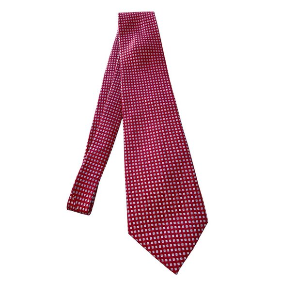 Jos A Ado Tie Handcrafted 100% Silk Red Silver Square Professional Career Office - Picture 1 of 5